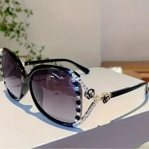 Elegant Camilla Flower Black Sunglasses w/ Rhinestone Accents
